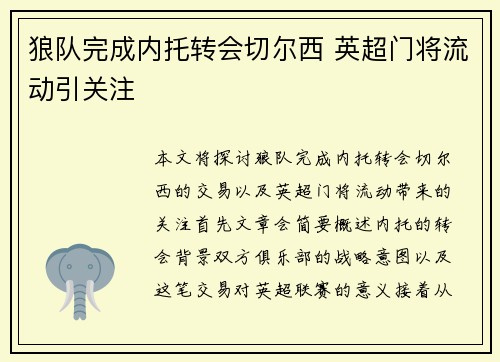 狼队完成内托转会切尔西 英超门将流动引关注